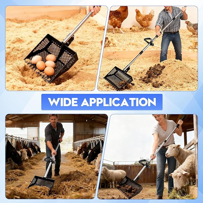Chicken Coop Scoop & Rake 2-in-1,Chicken Poop Scooper with Stainless Steel Handle (35-61.8" Adjustable),Sifter Shovel Chicken Coop Sand Rake for Chicken Coops & Farm Animals