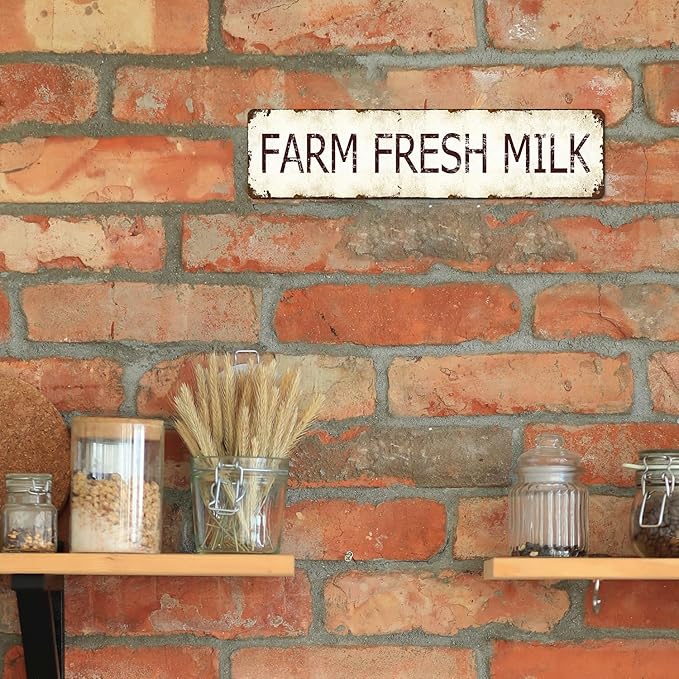 Vintage Farm Fresh Milk Tin Sign - Retro Milk Bottle and Cow Metal Wall Art 4x16 Inch, Rustic Tin Plaque for Kitchen, Cafe, Bar - Durable Dairy Decor for Restaurant, Farmhouse, Man Cave Gift