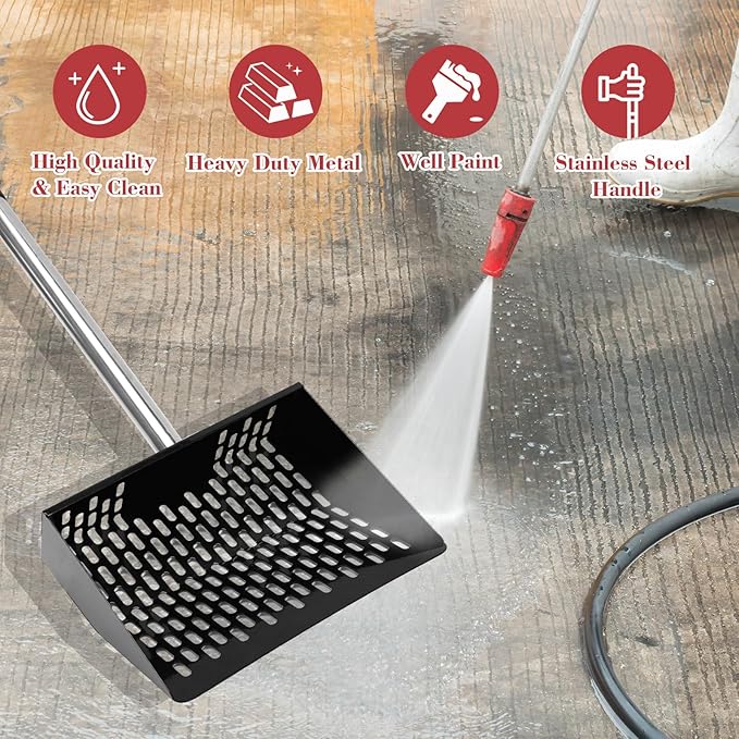 Chicken Poop Scooper and Rack 2-in-1 10'' Metal Coop with 35" to 61" Adjustable Handle, Litter Sifting Shovel Cleaning Tools for Chicken Coop Run,Chicken Coops and Animals House