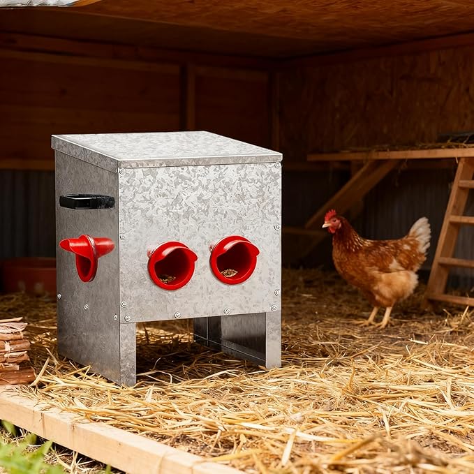 VINGLI Chicken Feeder with 4 Feeding Ports, 25 lb No Waste Large Capacity Metal Poultry Feeder with Handles and Lid for Backyard Chickens and Poultry (4 Ports)