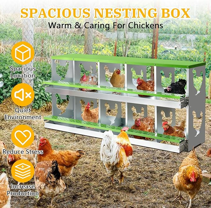 Chicken Nesting Box for Laying Eggs,Wall-Mountable Chicken Coop Nesting Boxes,10 Hole Roll Away Nesting Boxes,with Large Vented Holes,for Chickens,Ducks,Large Egg Laying Boxes (Green 10 Hole)