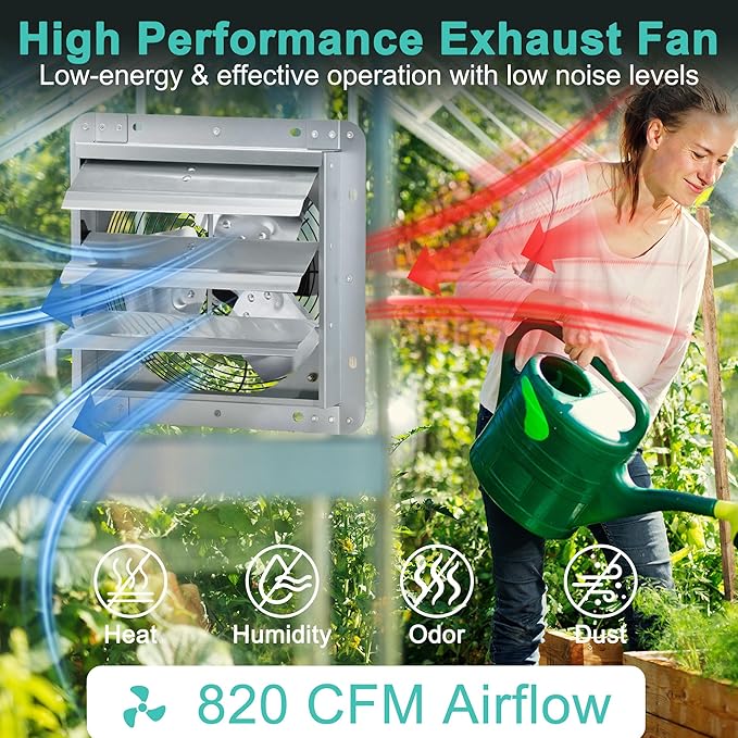 10 Inch Shutter Exhaust Fan with Speed Controller and Power Cord, Wall Mount Attic Fan for Greenhouses, Sheds, Garages, Chicken Coops, Barns Ventilation, 820 CFM