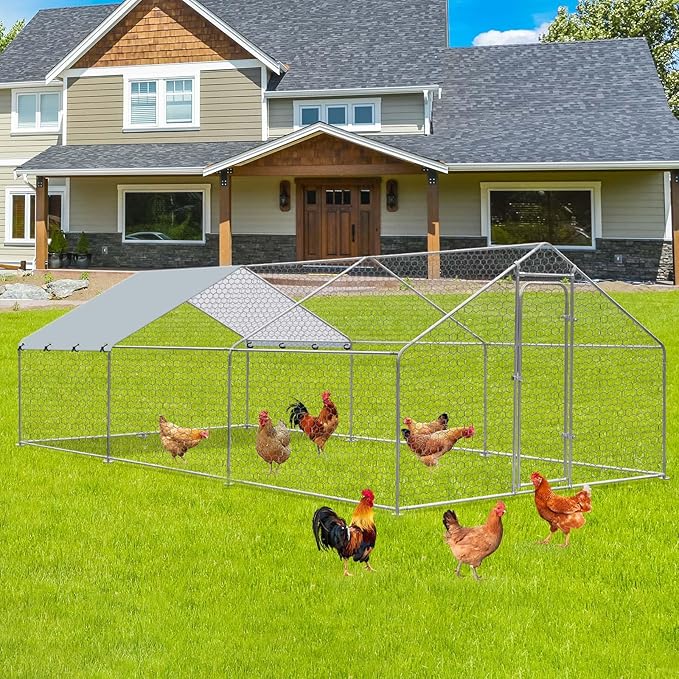 Large Metal Chicken Coop, Walk in Chicken Run for Yard with Waterproof Cover & Secure Lock, Poultry Cage for Aviary and Hen House, Duck Coop and Rabbit Pen 19.6 x 9.8 x 6.5 ft