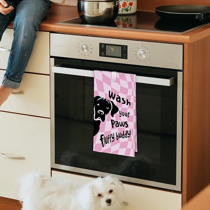 Pink Cute Dog Labrador Bathroom Kitchen Towels, Checkered Wash Your Paws Hand Towel for Bathroom, Funny Gifts for Dog Lovers, Trendy Preppy Dish Towels Decor for Dorm Girly Room 16x24in