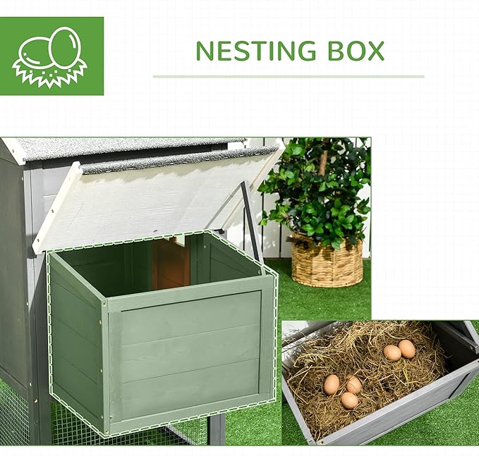 PawHut 118" Extra Large Chicken Coop with Asphalt Roof, Wooden Hen Run with Slide-Out Tray and Nesting Box, Chicken Hutch for 3-6 Chickens, Gray