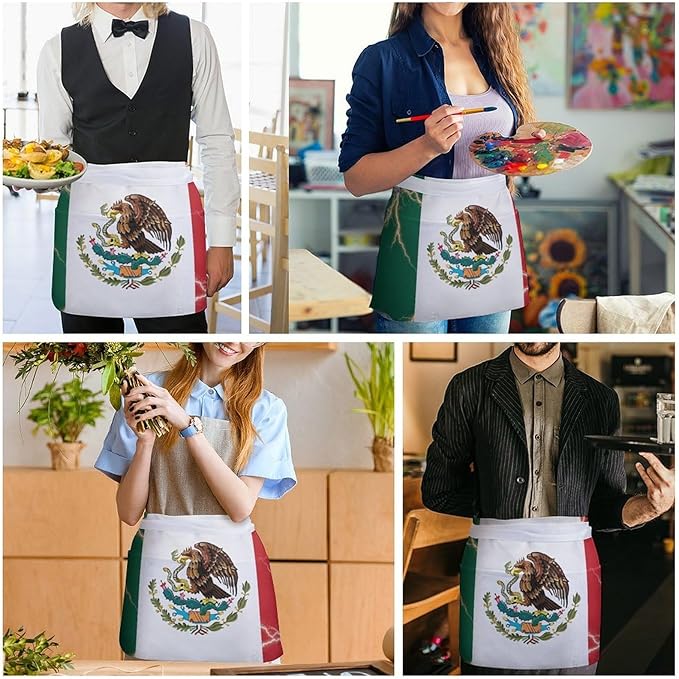 Unisex Chef Waiter Apron Waist Half Short Serving Aprons with 3 Pockets