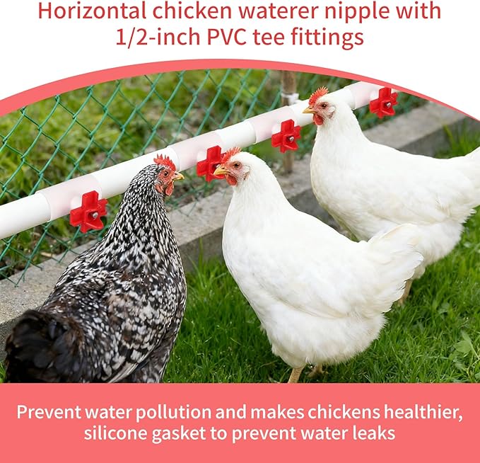12 Pack Horizontal Chicken Waterer Nipples with 1/2'' PVC Tee Fittings, DIY Automatic Chicken Watering System for Chickens, Ducks, Quail, Geese and Other Poultry