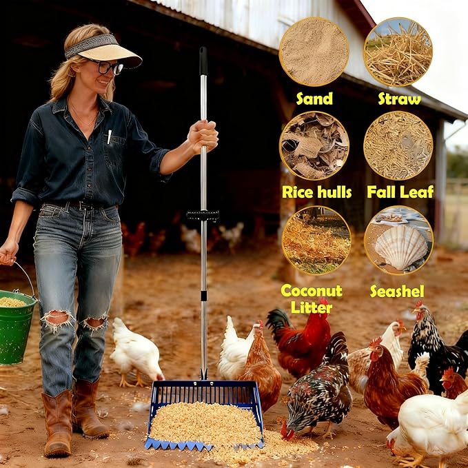 Chicken Poop Scooper & Rake 2-in-1 2026 New Blue Stainless Steel 15" Extra Large Sifting Shovel, 24"-68" Adjustable Handle with Sawtooth, 0.25" Leak-Proof Squares for Chicken Coop & Pet/Horse Manure ﻿