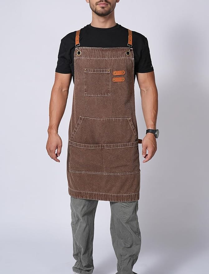 Denim Bbq Apron for Men Women with Pockets Adjustable Cross Back Chef Aprons for Kitchen Cooking Grilling Working