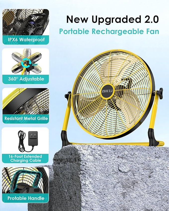 ZHULI 18" Solar Fan, Portable Battery Operated Floor Fan, Rechargeable Cordless Camping Fan, 40W Solar Panel, Hi-Velocity Brushless Motor, Metal blade, USB Phone Charge, 8~60H Runtime, Quiet, Wireless
