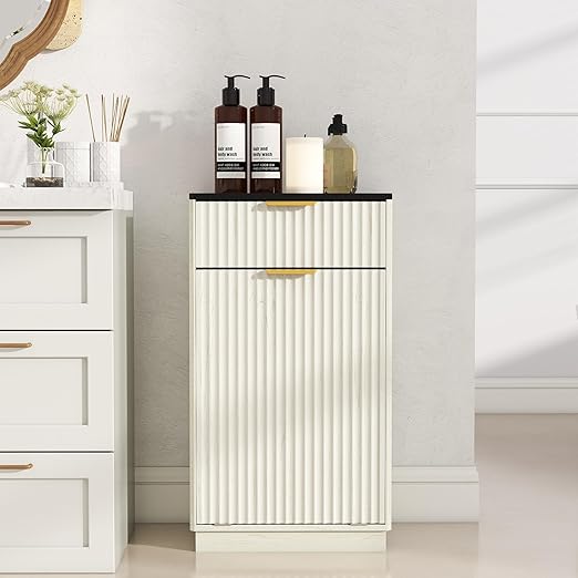 Woodgrain Tilt Out Trash Can Cabinet 13 Gallon, Hidden Kitchen Garbage Can with Drawer, Pull-Out Recycling Bin, Farmhouse Laundry Hamper Organizer (Ancient White)