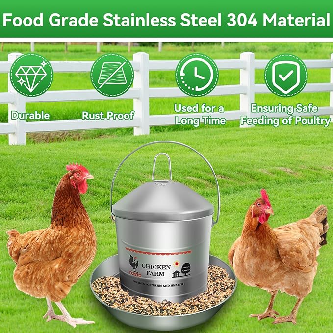 17.6 Lb Stainless Steel Poultry Feeder, Automatic Chicken Feeder No Waste, Hanging Chicken Feeder Heavy Duty Reliable Long-Lasting with Handle, Top Filled
