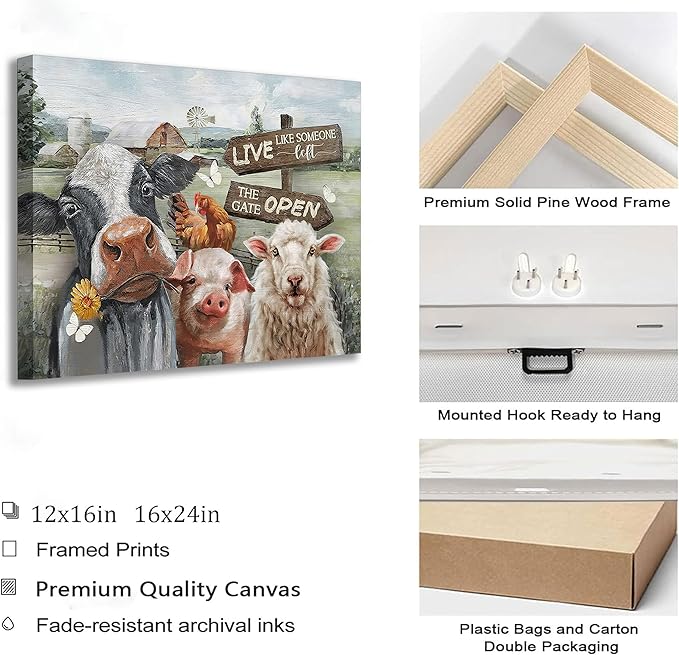 Funny Farm Animals Canvas Wall Art Rustic Farmhouse Poster Print Picture Cute Cow Sheep Pig Chicken Barn Country Sign Painting Artwork Wall Decor for Dining Room Bedroom Kitchen 16x24in Framed