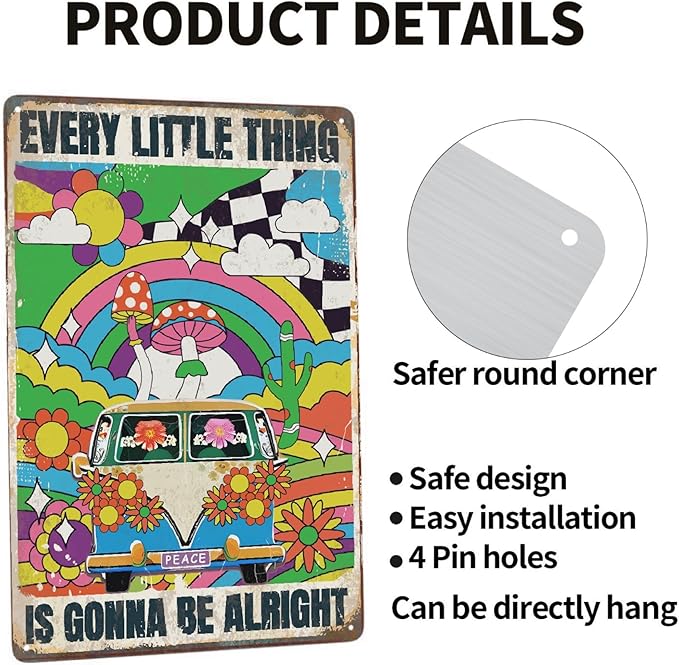 Hippie Bus Every Little Thing Is Gonna Be Alright Vintage Metal Poster Sign Decor-Retro Aluminum Metal Tin Sign for Home Wall Decor, Garden, Bedroom, Signs Gift,12''x 8''