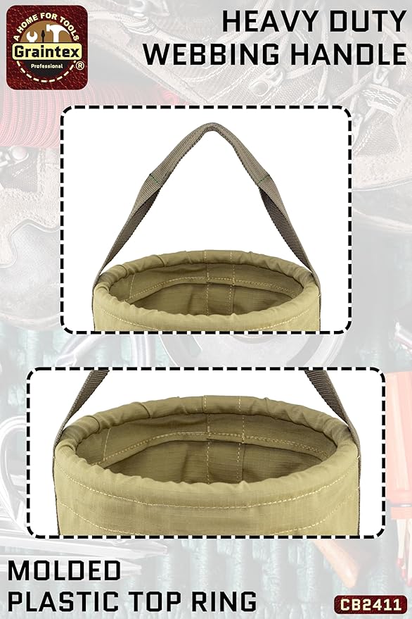 Graintex Tapered Canvas Bucket 12"x10"x15", Utility Tool Bucket 16 Inside Pockets, Reinforced Base & Carry Handle, Ripstop Canvas, Multi-Purpose Bag for Jobsite & Home Use for Tool Storage Solutions