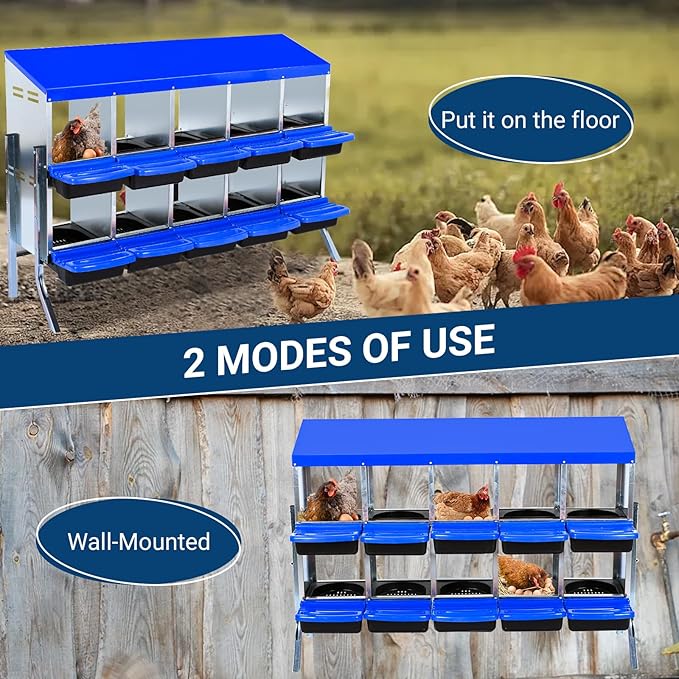 Nesting Boxes for Chickens, 10 Holes Chicken Nesting Box, Chicken Laying Boxes with Lid Cover, Roll Away Nesting Box for Chickens Laying Egg, with Metal Bracket, Blue