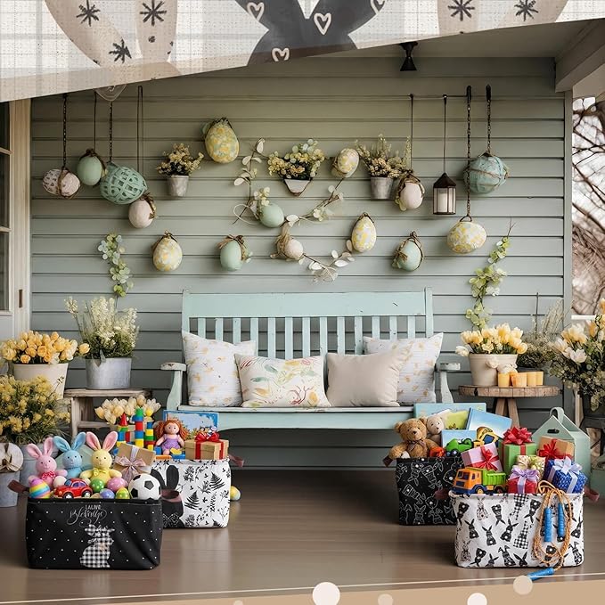 CHENGU 6 Pack Easter Storage Bin Collapsible Easter Basket for Gifts Large Bunny Eggs Black White Holiday Decor Decorative Rabbit Basket Farmhouse Foldable Box with Handle for Bedroom Office Home