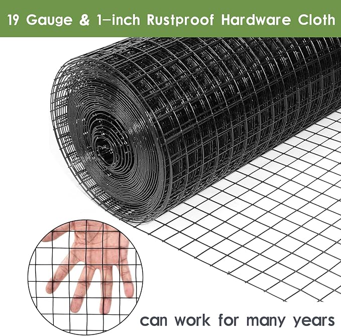 Tongmo 36" x 100' Black Hardware Cloth, 1inch Mesh Chicken Wire Fence, 19 Gauge Vinyl Coated Wire and Welded Wire Roll,Garden Fence, Poultry Netting for Rabbit/Duck/Chicken Coop