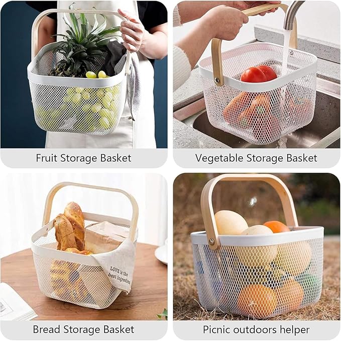 Metal Mesh Wire Basket, Large Steel Basket with Wooden Handle Storage Organizer Basket Multi-functional Hanging Kitchen Baskets Fruit Baskets for Kitchen Bathroom Cabinet Pantry Snacks, White