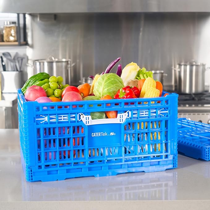 Restaurantware Plastic Milk Crates for Storage - 10 Pack - Cater Tek Stackable Storage Buns for Organizing - Collapsible Storage Basket for Groceries, Home Supplies, Blue