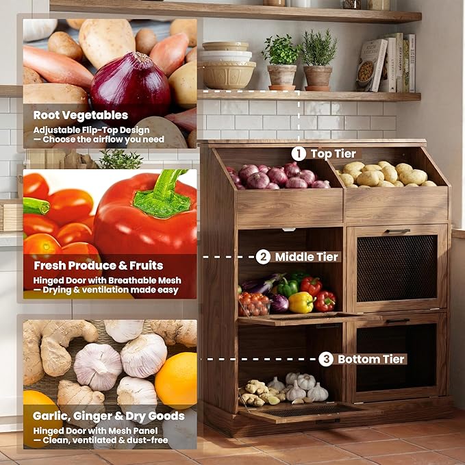SUNBURY 47" Tall Farmhouse Kitchen Pantry Cabinet, Freestanding Wooden Vegetable Storage Hutch with Breathable Mesh Doors, 6-Compartment Floor Cabinet for Potato, Onion, Rustic Brown