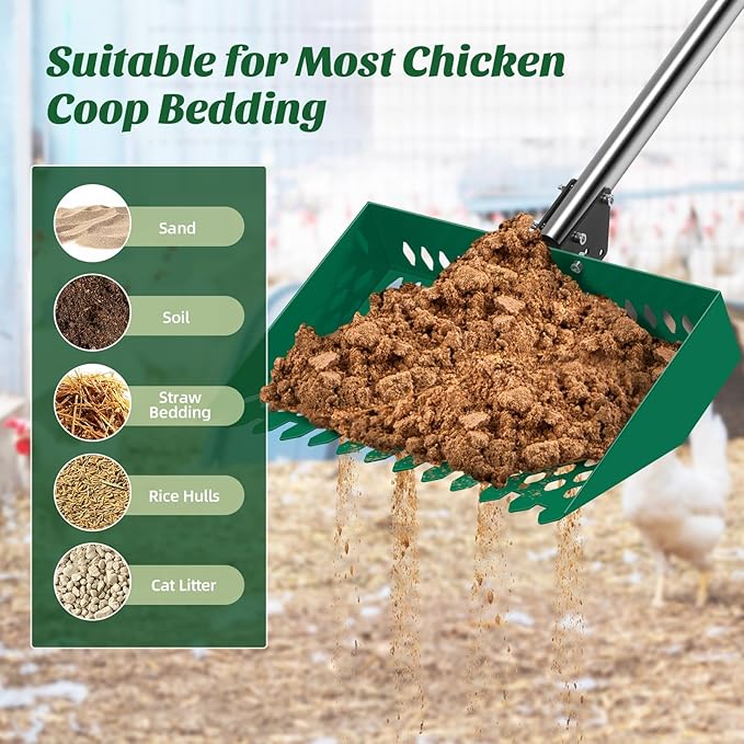 OYEAL Chicken Poop Scooper for Coop, 2-in-1 Metal Rake & Pooper Scooper Sand Sifting Shovel with Grip, Poop Scoop Shovel Litter Scooper for Small Farm Animals, Chicken Supplies, Green