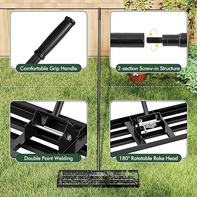 Happygrill Lawn Leveling Rake, Heavy Duty Lawn Level Tool for Soil w/67” Handle, Dirt Ground Leveler, Effort-Saving Landscape Rake for Garden, Backyard, Golf Course, Farm, Pasture (30" x 10", Black)