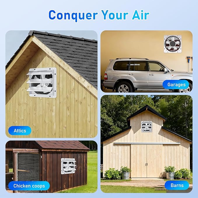 12 Inch Shutter Exhaust Fan, High-Speed 1600CFM Low Noise Attic Fan, Automatic Shutter, Ventilation and Cooling Vent Fan for Greenhouses, Garages, Shop, Chicken Coops, Gable, Shed