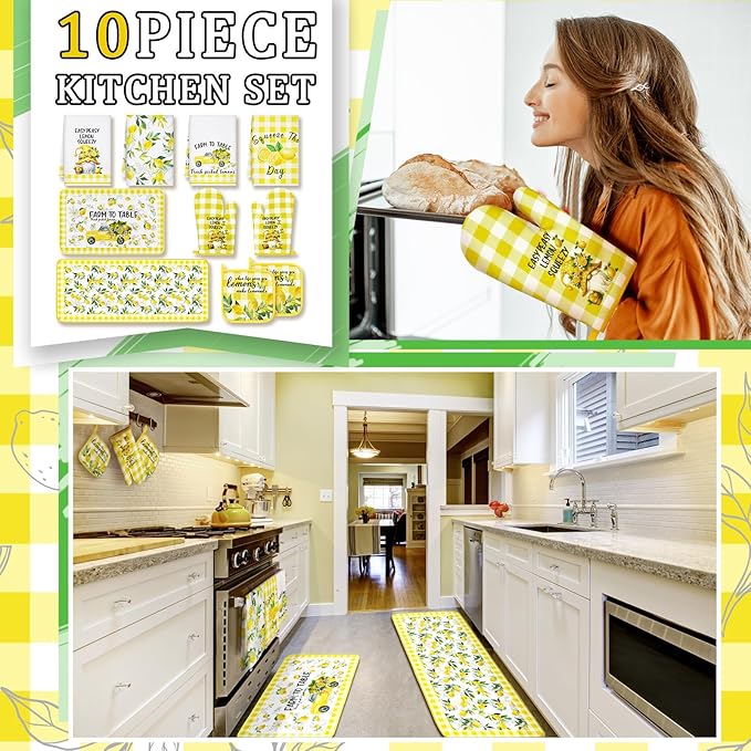 10 Pcs Lemon Kitchen Dish Towels Rugs Oven Mitts and Pot Holders Set Farmhouse Kitchen Decor Set for Women Mom Daughter Gift Cooking Baking Grilling (Fresh Yellow)