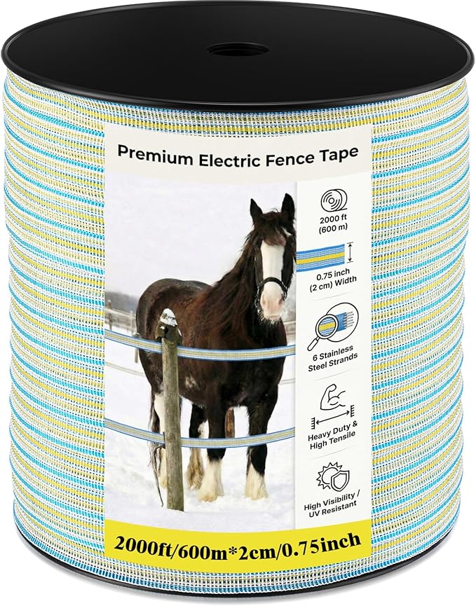 1 Roll 3/4 Inch x 2000 ft Electric Fence Tape for Livestock Polytape Fencing Horse Fence with High Visibility(Green)