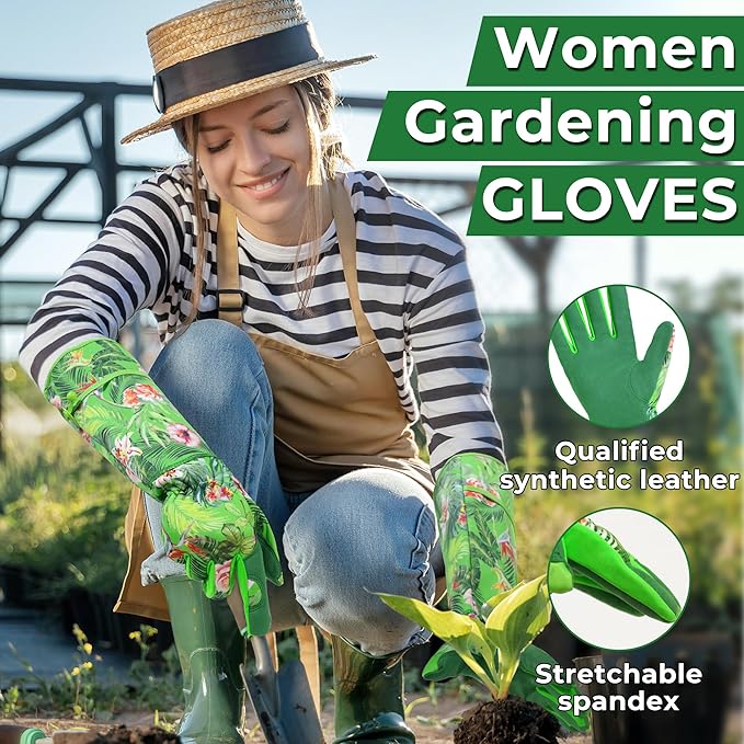HANDLANDY Women Gardening Gloves, Scratch Resistant Breathable Ladies Rose Pruning Long Gauntlet Floral Print Garden Yard Gloves, Gift for Gardeners (Grass Green, M)