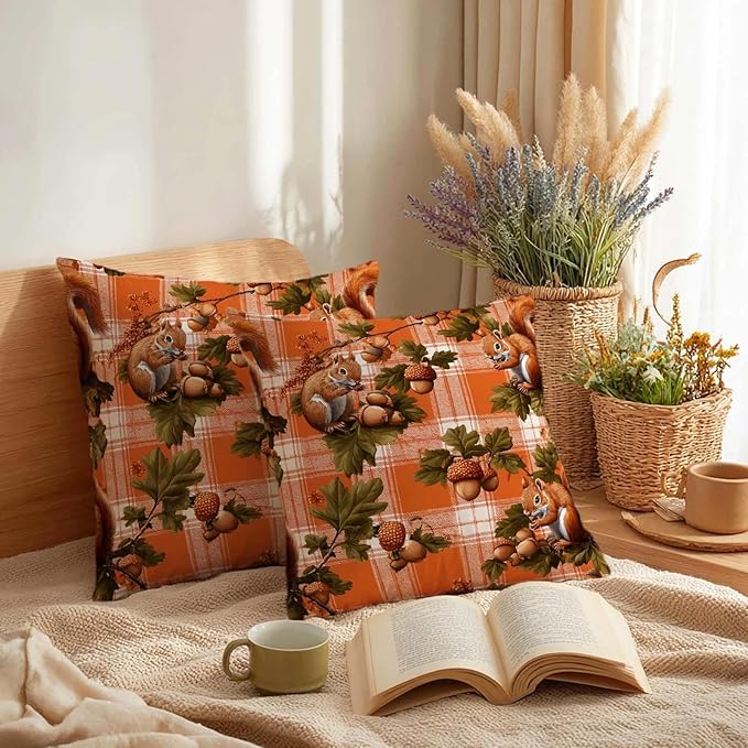 Fall Squirrel Throw Pillow Covers 18x18 Inch, Set of 2 | Autumn Woodland Plaid Square Cushion Cases for Couch Sofa Living Room | Rustic Farmhouse Home Decor, Decorative Pillowcases