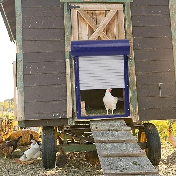 Automatic Solar Powered Chicken Coop Door with Light Sensing and Timer, Metal Iron Auto Chicken House Protection Door for Duck Goose, Remote Control, with LED Clear Dosplay (Blue)