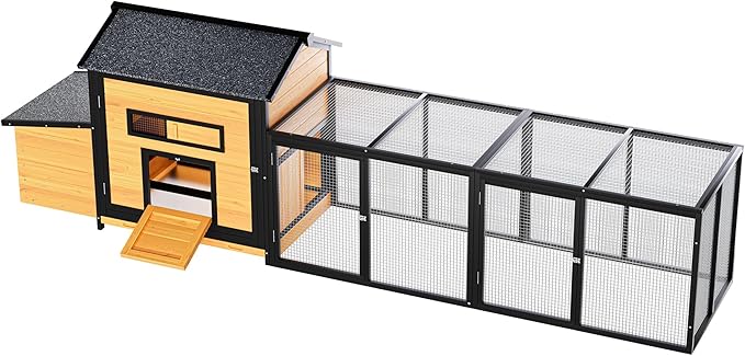 Large Wooden Chicken Coop Outdoor Hen House with Nesting Box，Walk-in Poultry Cage with Secure Locks, Metal Mesh Run for Backyard Farm Use (Black+Gold 118")