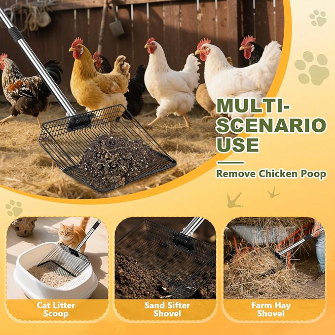 Chicken Poop Scooper - Stainless Steel Sifter Shovel 10 Inch Wide, 4-in-1 Detachable Tool 63 Inch Adjustable Metal Non-Slip Ergonomic Handle Heavy Duty Clog-Free Mesh Coop Scoop Cleaning Supplies