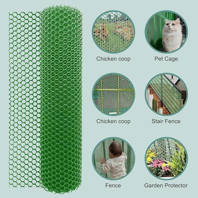 Chicken Plastic Wire Fencing Mesh - Heavy-Duty Plastic Chicken Black Wire Fence Mesh for Gardening, Barrier Netting, Poultry Dogs Rabbit Fencing (Green, 15.7IN x 10FT)