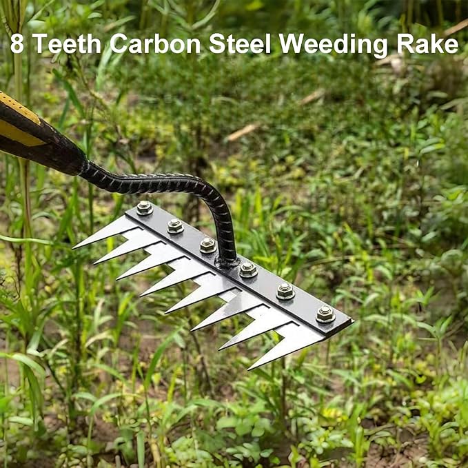 Gardenia Iron Weeding Rake, Hand Weeder Puller Tool, Manual Heavy-Duty Weed Rakes with Detachable Blade, 8 Teeth Manganese Steel Forged Weeder for Vegetable Gardening Backyard Farm Planting