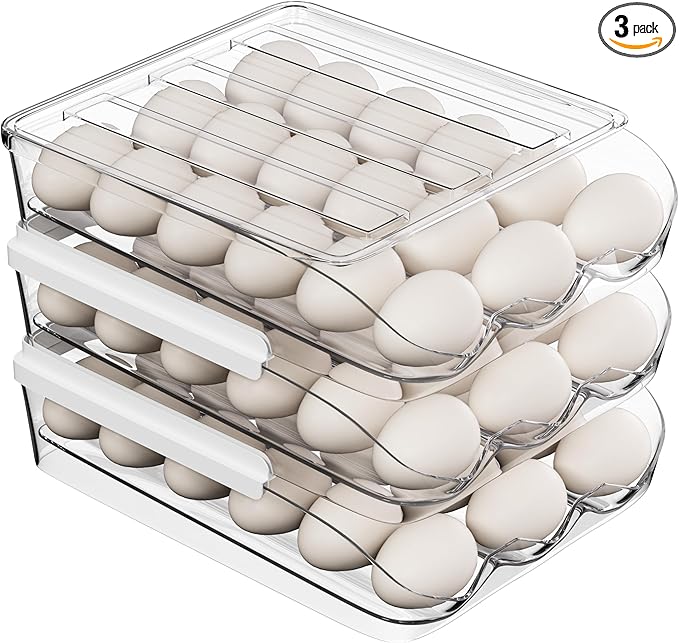 Egg Holder for Fridge 54 Capacity Automatic Rolling Egg Organizer for Refrigerator, Clear Stackable Container for Kitchen or Pantry Storage 3 Pack