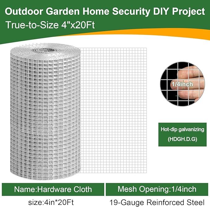 4in x 20ft Hardware Cloth Hot-Dip Galvanized Welded Wire Mesh - Heavy Duty 1/4inch 19 Gauge Chicken Wire Fencing for Garden, Chicken Coop, Rabbit Cage, Rodent & Predator Protection