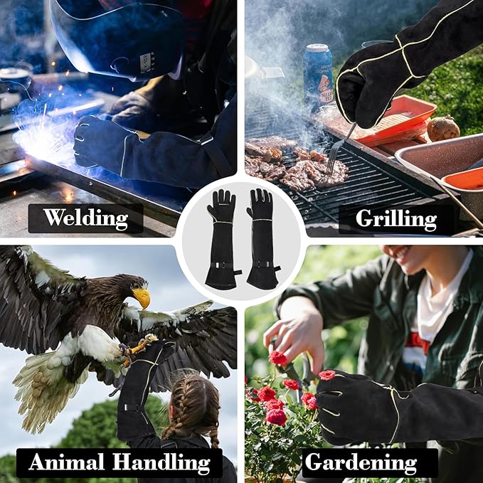Animal Handling Gloves Bite Proof, Thickened Leather Cat Gloves for Scratching, Falconry, Welding, 23.6 inch Black Yellow