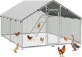 Large Metal Chicken Coop Run with Roosting Perch, Outdoor Poultry Cage with Heavy Duty Wire Mesh and UV-Resistant Cover for Chickens Use, Spire Roof (8.9'W x11.8'L x 6.6'H)
