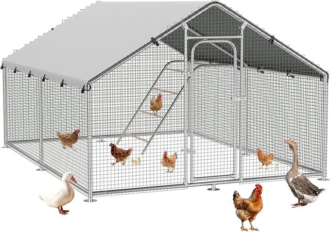 Large Metal Chicken Coop Run with Roosting Perch, Outdoor Poultry Cage with Heavy Duty Wire Mesh and UV-Resistant Cover for Chickens Use, Spire Roof (8.9'W x11.8'L x 6.6'H)