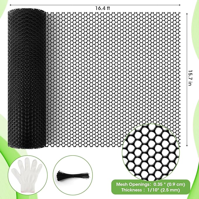 Unves Chicken Wire Plastic Mesh, 15.7IN x 16.4FT Fencing for Poultry Floral Dogs Rabbit Pets Barrier Netting, 0.35" Mesh Hexagonal Plastic Fence Roll, Black