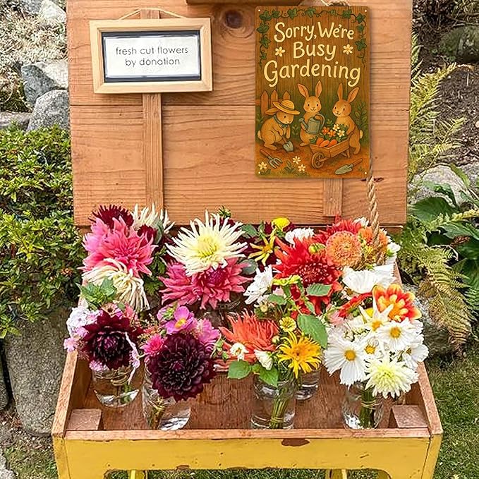 Metal Garden Signs for Outside - Sorry We’re Busy Gardening Sign, Funny Yard Decorations Outdoor with Cute Bunny Gardening Design for Patio, Flower Bed, Greenhouse Gifts for Women -8 x 12 Inch
