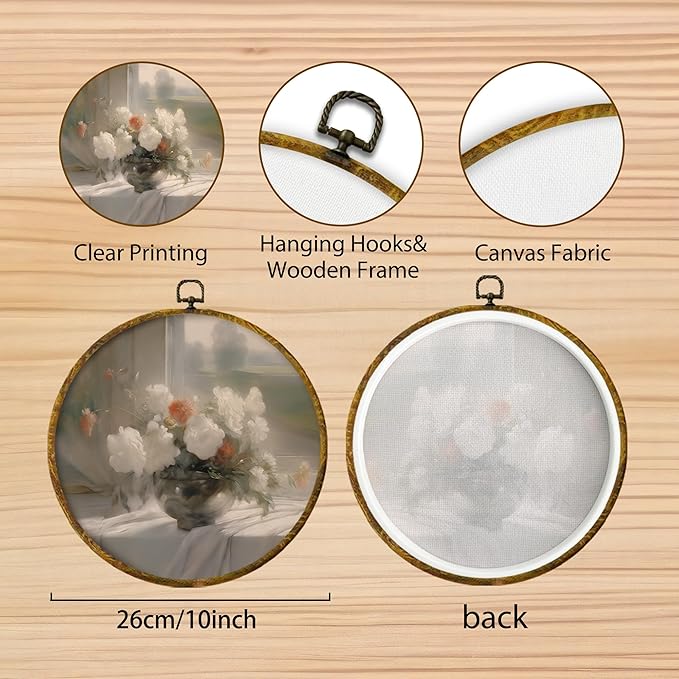 Hiuwevt Vintage Floral Round Wall Art Decor, Neutral Still Life Flower Framed Canvas Prints, Cottagecore Shabby Chic Round Wall Hanging Decor for Home Living Room Decorations, 10x10 Inches
