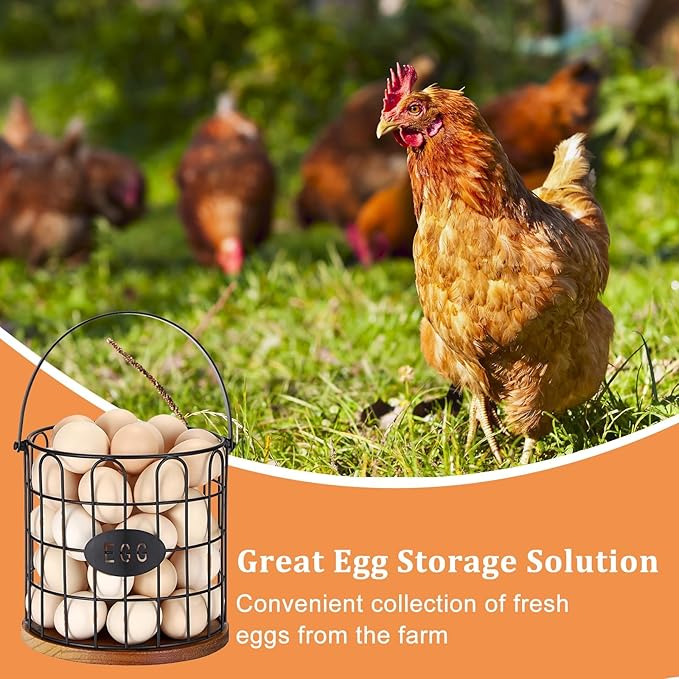Farmhouse Vintage 7'' Round Metal Wire Egg Basket - Solid Bottom Egg Gathering Holder for Fresh Eggs, Countertop Kitchen Storage (Style 1(Straight))