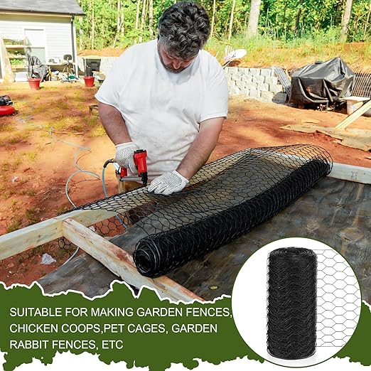 16 in x 196 ft Chicken Wire Fence Mesh Black Chicken Wire for Floral Arrangements PVC Coated Galvanized Fencing 20 Gauge Poultry Netting and 1 Inch Mesh Fence Roll for Home Garden