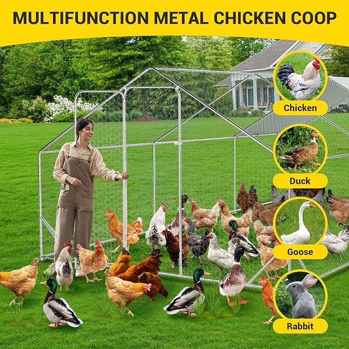 Garvee Large Chicken Coop, Metal Chicken Coop with Anti-Ultraviolet Waterproof Cover, Spire Roof Walk in Poultry Cage for Backyard and Farm Use, 9.8 ft x 19.7 ft x 6.6 ft