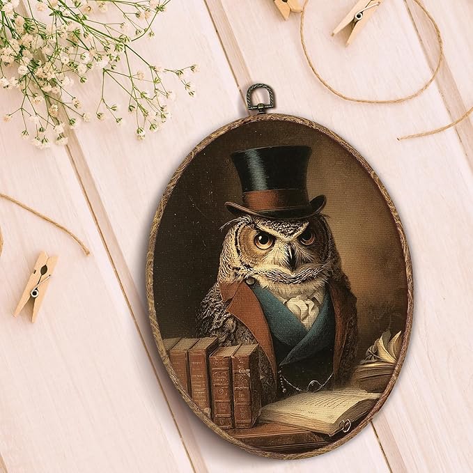 Hxlac Vintage Owl Book Oval Wall Art Framed, Whimsical Owl Bookish Oval Wall Decor, Moody Dark Academia Bird Canvas Prints Wall Sculptures for Home Library Reading Room Gallery Decor, 8.5x11.5 Inch