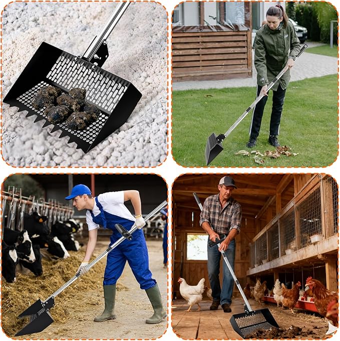 Chicken Poop Scooper, Adjustable Angle Chicken Coop Cleaning, 3-in-1 Sand Rake with Sifting Panels for Hen/Pet House Bedding Management, 304 Stainless Steel Chicken Coop Accessories